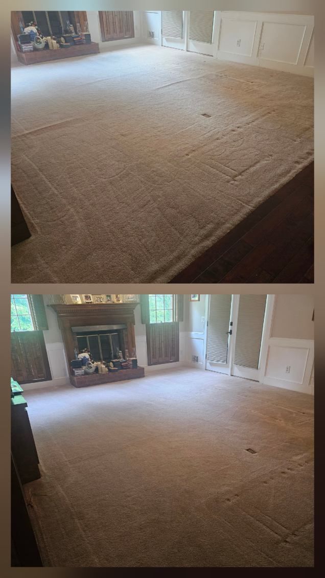 Two photos show a carpeted room before and after cleaning. Brown carpet is lighter after cleaning.