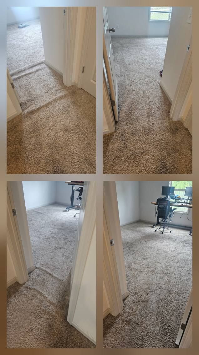 Four photos of a carpeted hallway, showing stairs, doorways, and a room with a desk and chair.