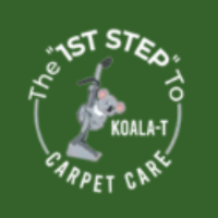 The logo for the 1st step to koala t carpet care shows a koala holding a vacuum cleaner.