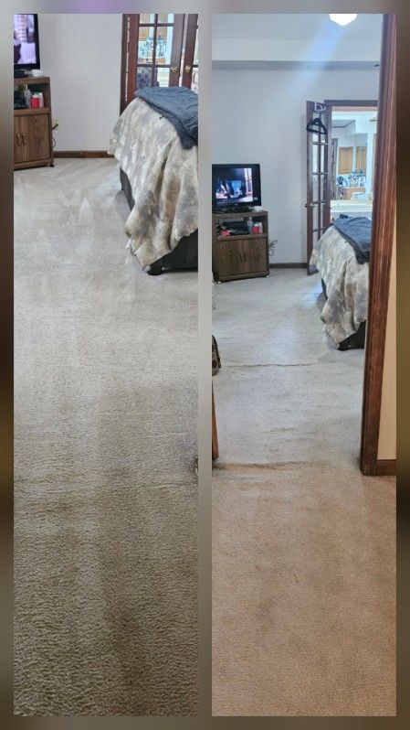 Bedroom carpet, before and after cleaning, showing a noticeable color difference.