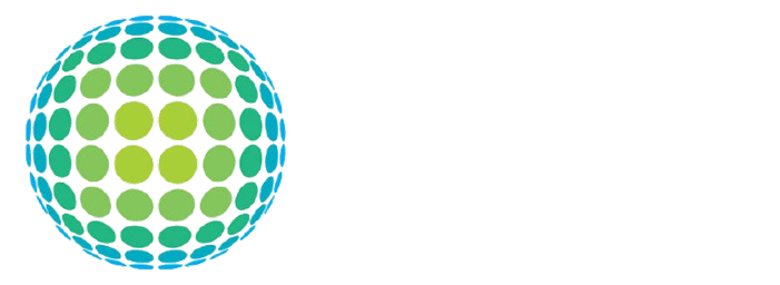 A globe comprised of green and blue dots.