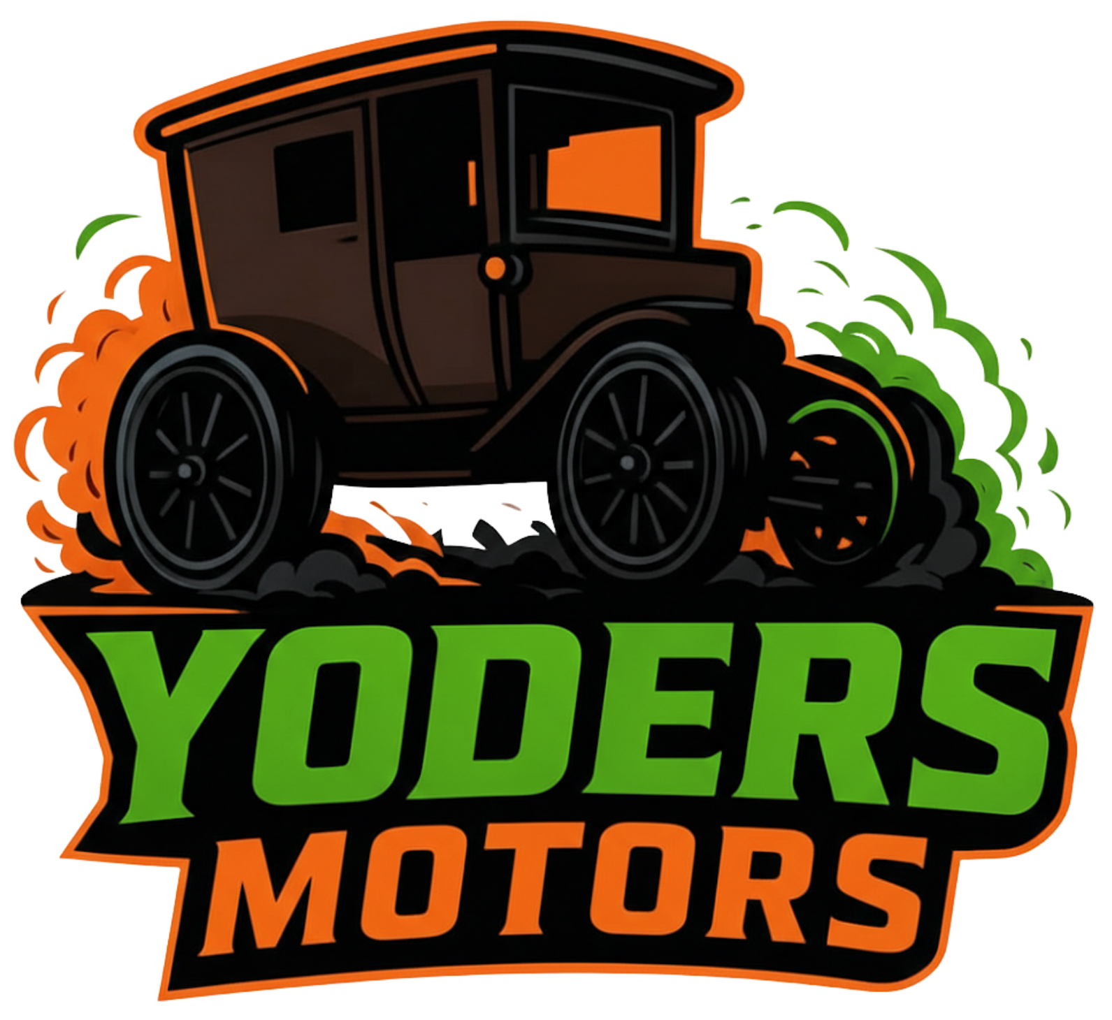 A vintage brown car with black wheels and the words