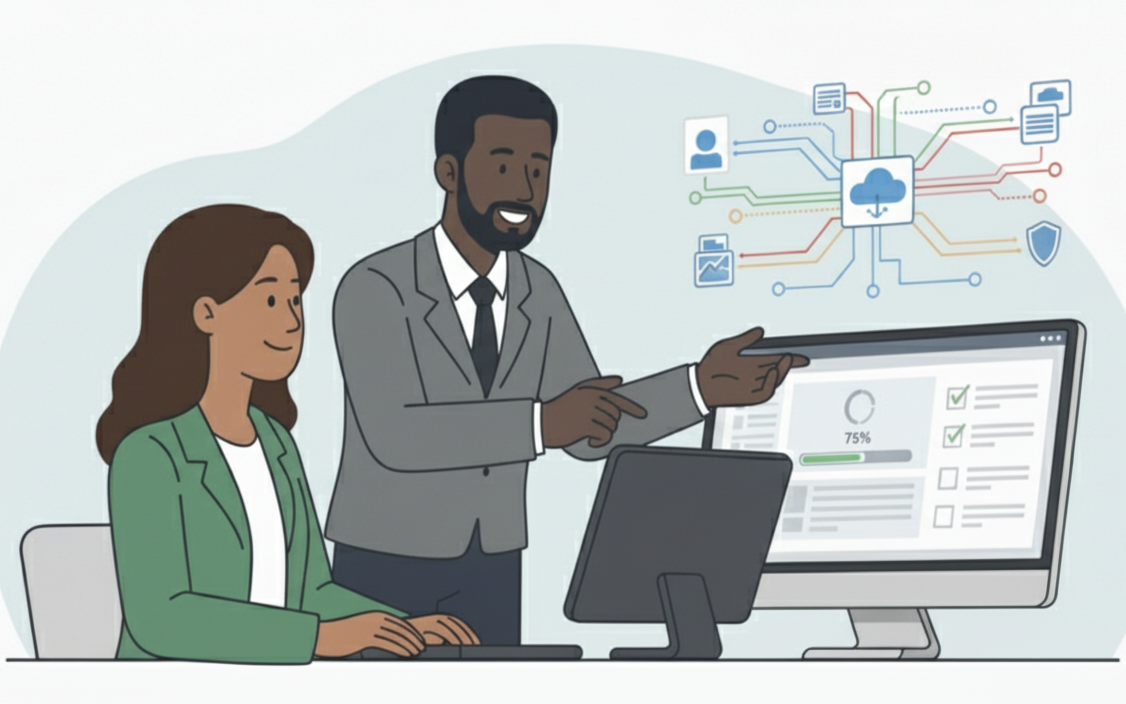 small business consulting services. A man points to a computer screen while a woman types. They are analyzing cloud data in an office setting.