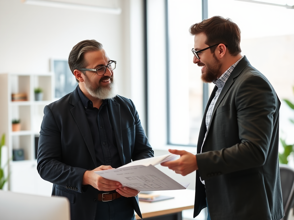 Two men are standing next to each other in an office and one of them is holding a piece of paper.