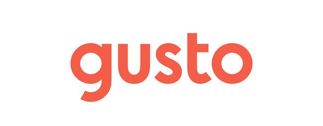 A orange and white logo for gusto on a white background