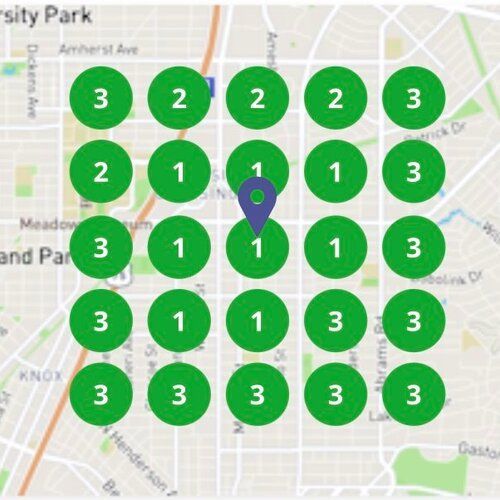 A map of a city park with green circles and numbers