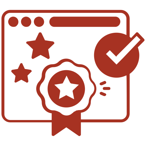 A red icon of a certificate with stars and a check mark.