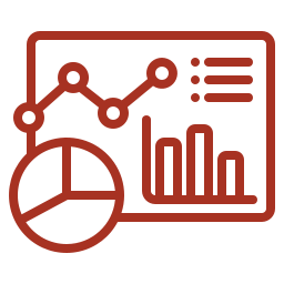 A red line icon of a graph , pie chart , and lines.