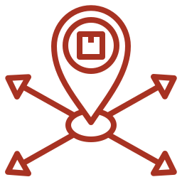 A red line drawing of a map pin with arrows pointing in different directions.