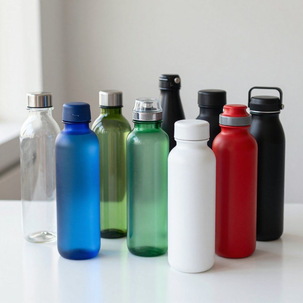 Nine different colored water bottles on a white surface, various colors, designs, and lids.