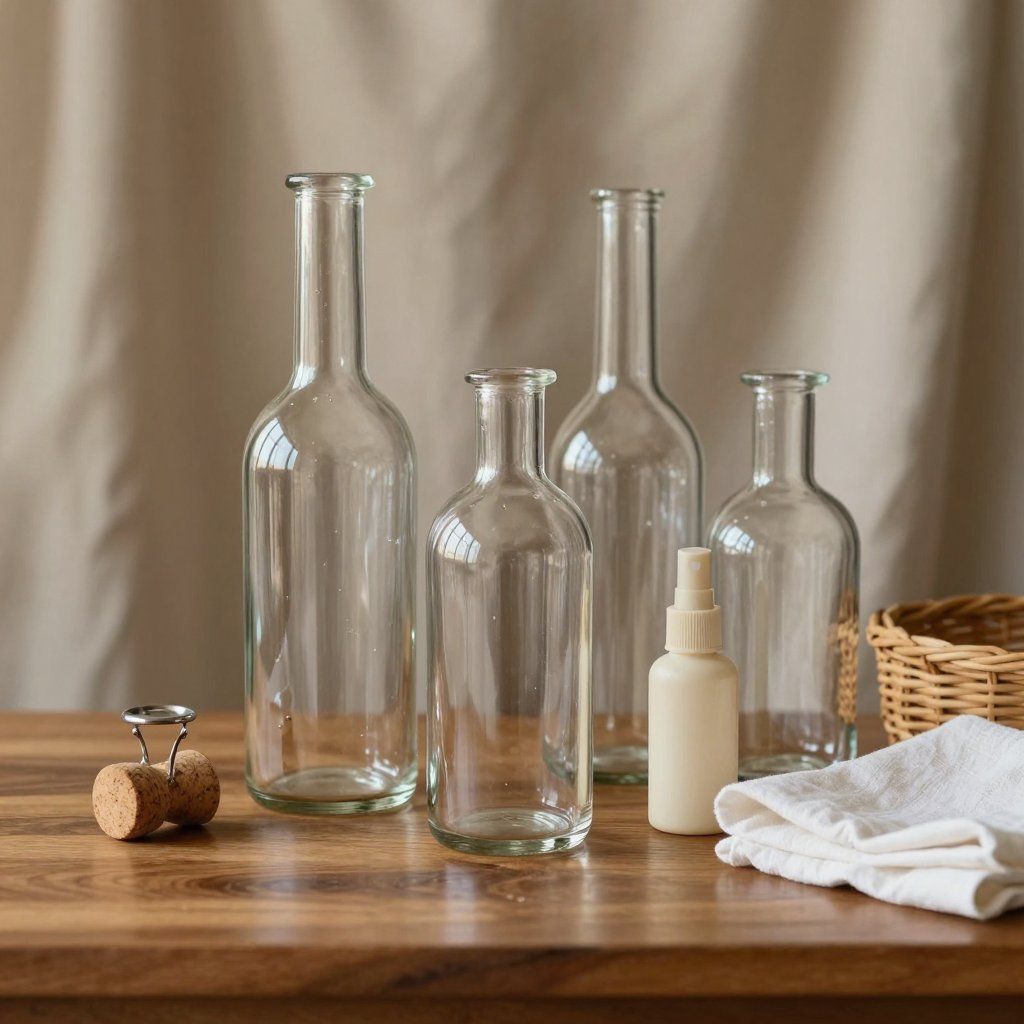 Four empty glass bottles of different heights on a wooden table. A cork and spray bottle are nearby.