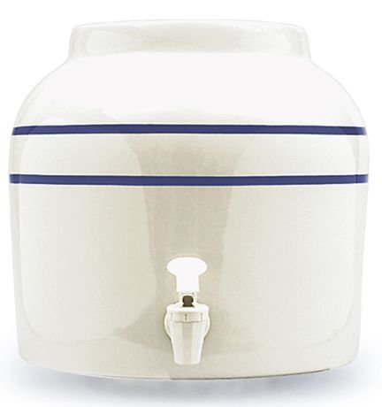 White ceramic water dispenser with cherub painting and white spigot.