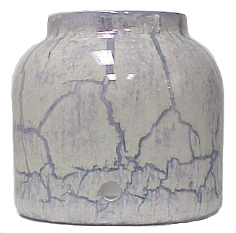 Gray ceramic jar with visible crackle pattern, small hole near bottom.