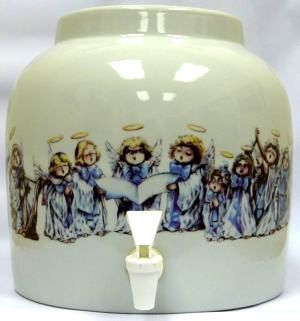 Ceramic water dispenser decorated with angelic figures in blue robes and halos.