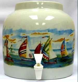 White ceramic water dispenser with fruit decals, spigot.