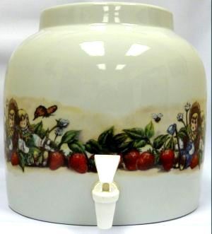 White ceramic water dispenser with fruit decals, spigot.