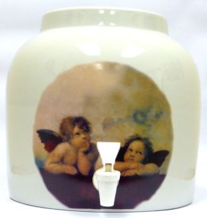 White ceramic water dispenser with cherub painting and white spigot.