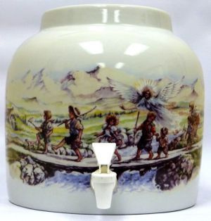 Ceramic water dispenser with a pastoral scene; figures crossing a bridge, angel in sky.