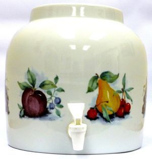 Ceramic water dispenser with fruit decals, white with spout.