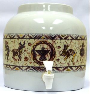 Ceramic water dispenser with Native American-style designs and spigot. Beige with brown and yellow accents.
