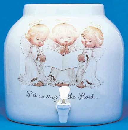 White ceramic water dispenser with three angel illustrations and the words 