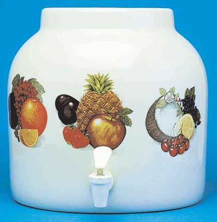 White ceramic drink dispenser with fruit decals and a spigot.