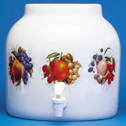 White ceramic water dispenser with fruit decals, spigot.