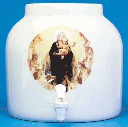 White ceramic water cooler with illustration of Mary and Jesus, surrounded by angels.