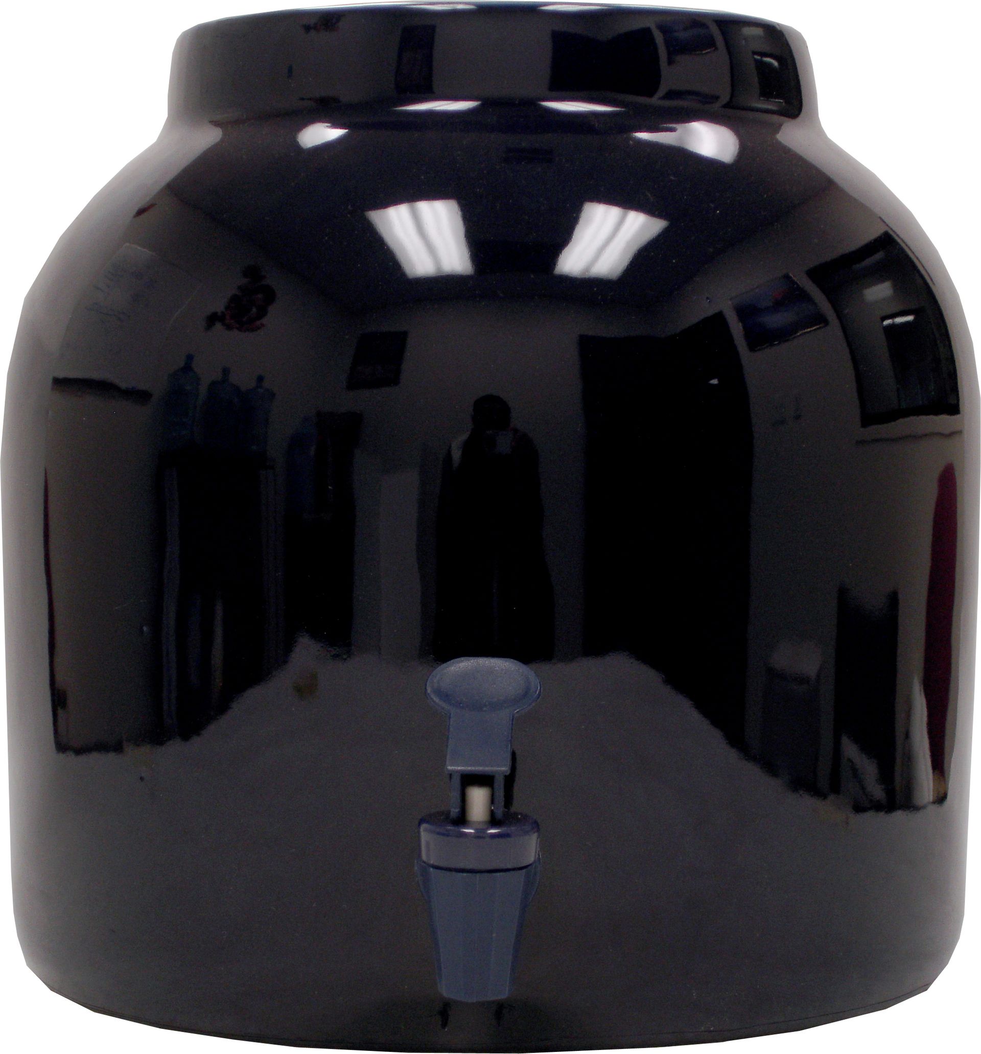 Black ceramic water dispenser with spigot, indoors.