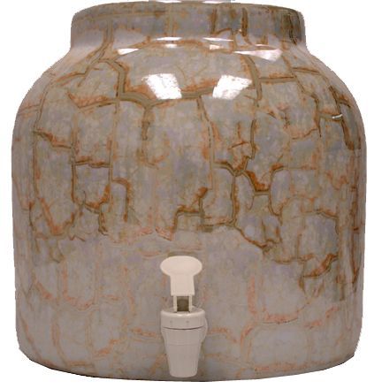 Ceramic water dispenser with a spigot, crackle glaze finish.