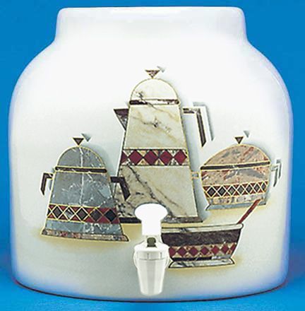 White ceramic water dispenser decorated with kitchenware designs and a spigot.