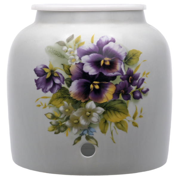 White ceramic garlic keeper with purple pansies and yellow accents.