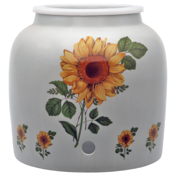 Gray ceramic garlic keeper with sunflower design.