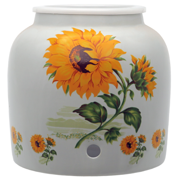 Ceramic jar with sunflower design, yellow and green on a gray background.