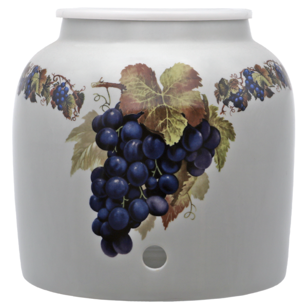 Ceramic garlic keeper with grape design; blue grapes, brown leaves, gray background, white rim.