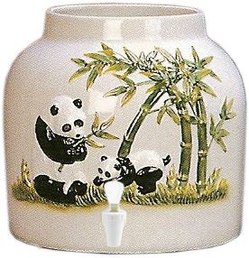 Ceramic water dispenser with panda design. Pandas eat bamboo near green stalks. White spigot at the base.