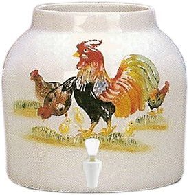 White ceramic water dispenser with cherub painting and white spigot.