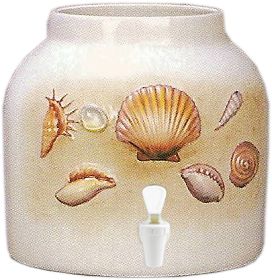 White ceramic water dispenser with cherub painting and white spigot.