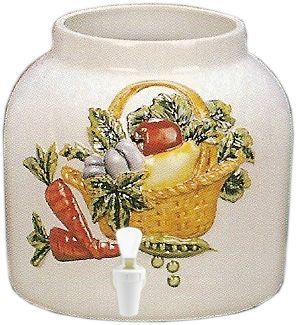 Cream-colored ceramic crock with a basket of vegetables relief design and a spigot.