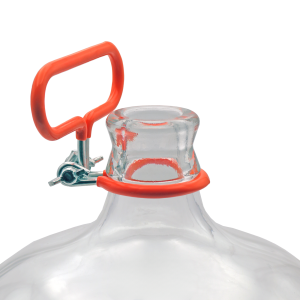 Blue plastic water jug with handle, sealed cap.