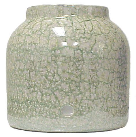 A ceramic vase with a cracked glaze finish in shades of green and white.