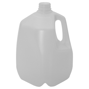 Blue plastic water jug with handle, sealed cap.