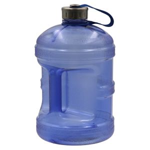 Blue plastic water jug with handle, sealed cap.