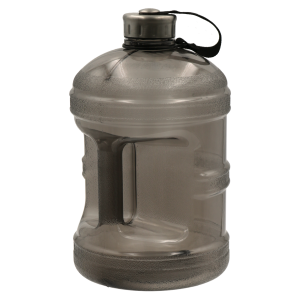 Blue plastic water jug with handle, sealed cap.