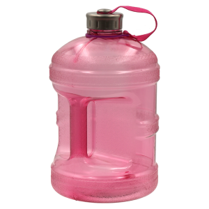 Clear glass jug with handle and white cap.