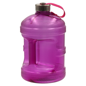 Clear glass jug with handle and white cap.