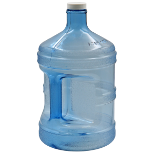 Clear glass jug with handle and white cap.