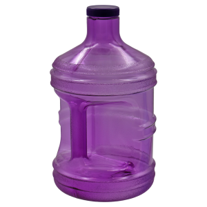 Blue plastic water jug with handle, sealed cap.