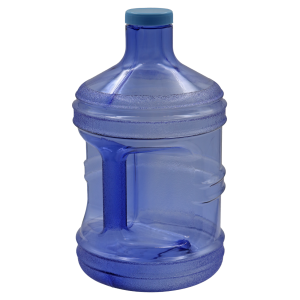 Clear glass jug with handle and white cap.