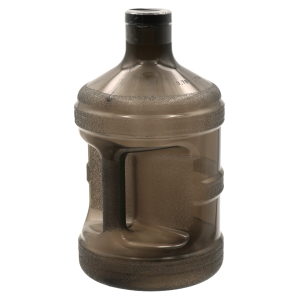 Blue plastic water jug with handle, sealed cap.